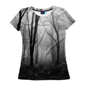 Женская футболка 3D с принтом Туман в лесу , 100% полиэфир ( синтетическое хлопкоподобное полотно) | прямой крой, круглый вырез горловины, длина до линии бедер | black   white | fog | forest | morning | photo | silhouette | trees | деревья | лес | силуэт | туман | утро | фото | черно   белое