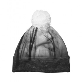 Шапка 3D c помпоном с принтом Туман в лесу , 100% полиэстер | универсальный размер, печать по всей поверхности изделия | Тематика изображения на принте: black   white | fog | forest | morning | photo | silhouette | trees | деревья | лес | силуэт | туман | утро | фото | черно   белое