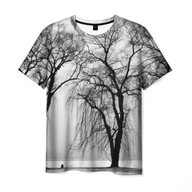 Мужская футболка 3D с принтом Деревья у реки , 100% полиэфир | прямой крой, круглый вырез горловины, длина до линии бедер | beach | black   white | crown | photo | river | trees | берег | деревья | крона | река | фото | черно   белое