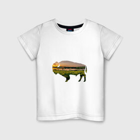 Детская футболка хлопок с принтом бизон закат , 100% хлопок | круглый вырез горловины, полуприлегающий силуэт, длина до линии бедер | Тематика изображения на принте: бизон | закат | залив | зелень | лето | луг | поле | солнце
