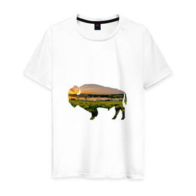 Мужская футболка хлопок с принтом бизон закат , 100% хлопок | прямой крой, круглый вырез горловины, длина до линии бедер, слегка спущенное плечо. | бизон | закат | залив | зелень | лето | луг | поле | солнце
