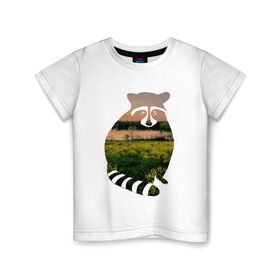 Детская футболка хлопок с принтом енот закат , 100% хлопок | круглый вырез горловины, полуприлегающий силуэт, длина до линии бедер | енот | закат | залив | зелень | лето | луг | поле | солнце