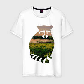 Мужская футболка хлопок с принтом енот закат , 100% хлопок | прямой крой, круглый вырез горловины, длина до линии бедер, слегка спущенное плечо. | енот | закат | залив | зелень | лето | луг | поле | солнце