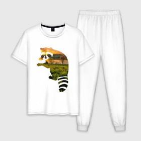 Мужская пижама хлопок с принтом енот закат , 100% хлопок | брюки и футболка прямого кроя, без карманов, на брюках мягкая резинка на поясе и по низу штанин
 | енот | закат | залив | зелень | лето | луг | поле | солнце