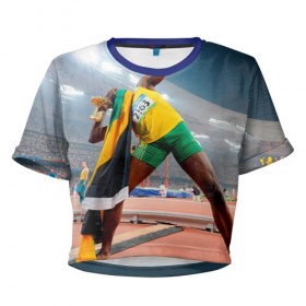 Женская футболка 3D укороченная с принтом Болт , 100% полиэстер | круглая горловина, длина футболки до линии талии, рукава с отворотами | bolt | атлетика | бег | олимпиада | усэйн