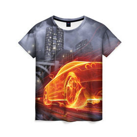 Женская футболка 3D с принтом Огненная погоня , 100% полиэфир ( синтетическое хлопкоподобное полотно) | прямой крой, круглый вырез горловины, длина до линии бедер | авто | гонки | дым | машина | огонь | пламя