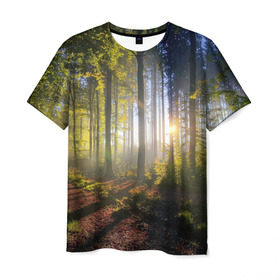 Мужская футболка 3D с принтом Утро в лесу , 100% полиэфир | прямой крой, круглый вырез горловины, длина до линии бедер | Тематика изображения на принте: bright | fog | forest | morning | sun | tree | trees | дерево | деревья | лес | солнце | туман | утро | яркое