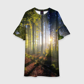 Детское платье 3D с принтом Утро в лесу , 100% полиэстер | прямой силуэт, чуть расширенный к низу. Круглая горловина, на рукавах — воланы | bright | fog | forest | morning | sun | tree | trees | дерево | деревья | лес | солнце | туман | утро | яркое