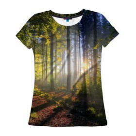 Женская футболка 3D с принтом Утро в лесу , 100% полиэфир ( синтетическое хлопкоподобное полотно) | прямой крой, круглый вырез горловины, длина до линии бедер | bright | fog | forest | morning | sun | tree | trees | дерево | деревья | лес | солнце | туман | утро | яркое