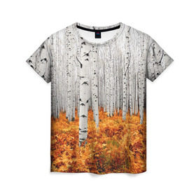 Женская футболка 3D с принтом Березовая роща , 100% полиэфир ( синтетическое хлопкоподобное полотно) | прямой крой, круглый вырез горловины, длина до линии бедер | birch | birch grove | ferns | forest | trees | березовая | березы | деревья | лес | папоротник | роща