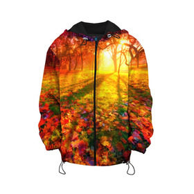Детская куртка 3D с принтом Осень , 100% полиэстер | застежка — молния, подол и капюшон оформлены резинкой с фиксаторами, по бокам — два кармана без застежек, один потайной карман на груди, плотность верхнего слоя — 90 г/м2; плотность флисового подклада — 260 г/м2 | Тематика изображения на принте: autumn | bright | colors | forest | trees | деревья | краски | лес | лучи | осень | солнце | цвета | яркие