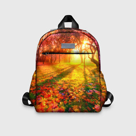 Детский рюкзак 3D с принтом Осень , 100% полиэстер | лямки с регулируемой длиной, сверху петелька, чтобы рюкзак можно было повесить на вешалку. Основное отделение закрывается на молнию, как и внешний карман. Внутри дополнительный карман. По бокам два дополнительных кармашка | Тематика изображения на принте: autumn | bright | colors | forest | trees | деревья | краски | лес | лучи | осень | солнце | цвета | яркие