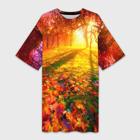Платье-футболка 3D с принтом Осень ,  |  | autumn | bright | colors | forest | trees | деревья | краски | лес | лучи | осень | солнце | цвета | яркие