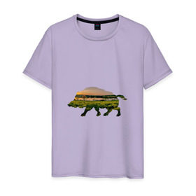 Мужская футболка хлопок с принтом кабан закат , 100% хлопок | прямой крой, круглый вырез горловины, длина до линии бедер, слегка спущенное плечо. | закат | залив | зелень | кабан | лето | луг | поле | солнце