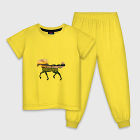 Детская пижама хлопок с принтом конь закат , 100% хлопок |  брюки и футболка прямого кроя, без карманов, на брюках мягкая резинка на поясе и по низу штанин
 | закат | залив | зелень | конь | лето | лошадь | луг | поле | солнце