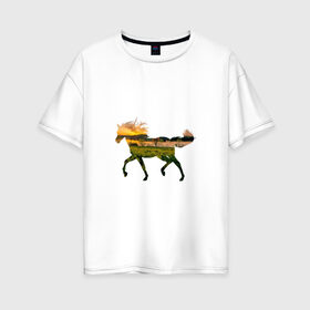Женская футболка хлопок Oversize с принтом конь закат , 100% хлопок | свободный крой, круглый ворот, спущенный рукав, длина до линии бедер
 | закат | залив | зелень | конь | лето | лошадь | луг | поле | солнце