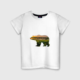 Детская футболка хлопок с принтом медведь закат , 100% хлопок | круглый вырез горловины, полуприлегающий силуэт, длина до линии бедер | закат | залив | зелень | лето | луг | медведь | мишка | поле | солнце