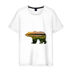 Мужская футболка хлопок с принтом медведь закат , 100% хлопок | прямой крой, круглый вырез горловины, длина до линии бедер, слегка спущенное плечо. | закат | залив | зелень | лето | луг | медведь | мишка | поле | солнце