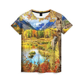 Женская футболка 3D с принтом Горное озеро , 100% полиэфир ( синтетическое хлопкоподобное полотно) | прямой крой, круглый вырез горловины, длина до линии бедер | autumn | bright | clouds | colors | forest | mountains | river | trees | горы | деревья | краски | лес | облака | осень | река | цвета | яркие