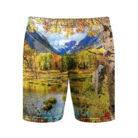 Мужские шорты 3D спортивные с принтом Горное озеро ,  |  | autumn | bright | clouds | colors | forest | mountains | river | trees | горы | деревья | краски | лес | облака | осень | река | цвета | яркие