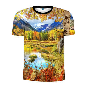 Мужская футболка 3D спортивная с принтом Горное озеро , 100% полиэстер с улучшенными характеристиками | приталенный силуэт, круглая горловина, широкие плечи, сужается к линии бедра | autumn | bright | clouds | colors | forest | mountains | river | trees | горы | деревья | краски | лес | облака | осень | река | цвета | яркие