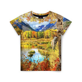 Детская футболка 3D с принтом Горное озеро , 100% гипоаллергенный полиэфир | прямой крой, круглый вырез горловины, длина до линии бедер, чуть спущенное плечо, ткань немного тянется | autumn | bright | clouds | colors | forest | mountains | river | trees | горы | деревья | краски | лес | облака | осень | река | цвета | яркие