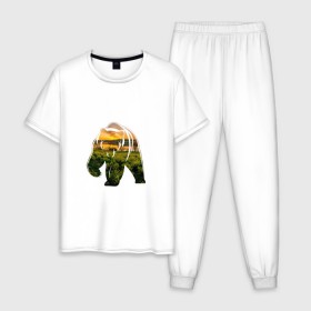 Мужская пижама хлопок с принтом медведь закат , 100% хлопок | брюки и футболка прямого кроя, без карманов, на брюках мягкая резинка на поясе и по низу штанин
 | закат | залив | зелень | лето | луг | медведь | мишка | поле | солнце