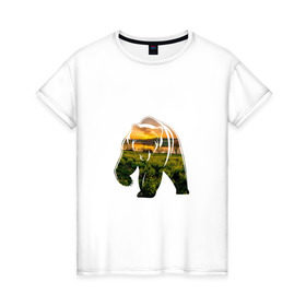 Женская футболка хлопок с принтом медведь закат , 100% хлопок | прямой крой, круглый вырез горловины, длина до линии бедер, слегка спущенное плечо | закат | залив | зелень | лето | луг | медведь | мишка | поле | солнце