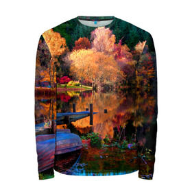 Мужской лонгслив 3D с принтом Осень , 100% полиэстер | длинные рукава, круглый вырез горловины, полуприлегающий силуэт | autumn | boat | bright | colors | forest | paint | river | trees | деревья | краски | лес | лодка | осень | река | цвета | яркие