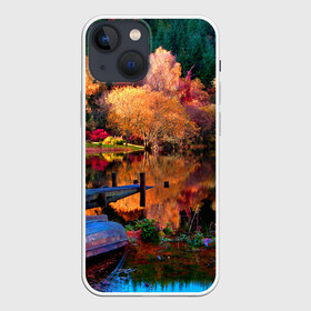 Чехол для iPhone 13 mini с принтом Осень ,  |  | autumn | boat | bright | colors | forest | paint | river | trees | деревья | краски | лес | лодка | осень | река | цвета | яркие