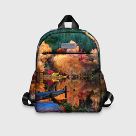 Детский рюкзак 3D с принтом Осень , 100% полиэстер | лямки с регулируемой длиной, сверху петелька, чтобы рюкзак можно было повесить на вешалку. Основное отделение закрывается на молнию, как и внешний карман. Внутри дополнительный карман. По бокам два дополнительных кармашка | Тематика изображения на принте: autumn | boat | bright | colors | forest | paint | river | trees | деревья | краски | лес | лодка | осень | река | цвета | яркие