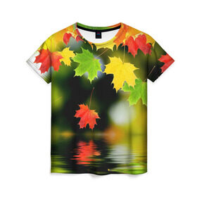 Женская футболка 3D с принтом Осень , 100% полиэфир ( синтетическое хлопкоподобное полотно) | прямой крой, круглый вырез горловины, длина до линии бедер | autumn | bright | color | forest | leaves | maple | paint | reflection | river | trees | деревья | клён | краски | лес | листья | осень | отражение | река | цвета | яркие