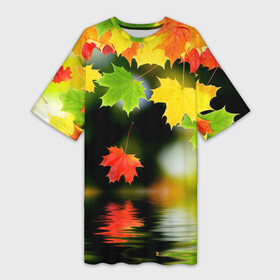 Платье-футболка 3D с принтом Осень ,  |  | autumn | bright | color | forest | leaves | maple | paint | reflection | river | trees | деревья | клён | краски | лес | листья | осень | отражение | река | цвета | яркие