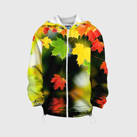 Детская куртка 3D с принтом Осень , 100% полиэстер | застежка — молния, подол и капюшон оформлены резинкой с фиксаторами, по бокам — два кармана без застежек, один потайной карман на груди, плотность верхнего слоя — 90 г/м2; плотность флисового подклада — 260 г/м2 | Тематика изображения на принте: autumn | bright | color | forest | leaves | maple | paint | reflection | river | trees | деревья | клён | краски | лес | листья | осень | отражение | река | цвета | яркие
