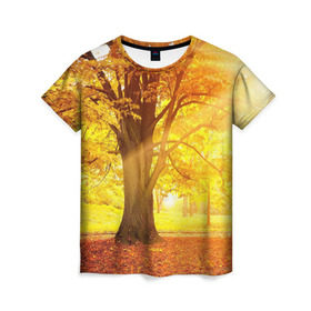 Женская футболка 3D с принтом Осень , 100% полиэфир ( синтетическое хлопкоподобное полотно) | прямой крой, круглый вырез горловины, длина до линии бедер | autumn | bright | colors | forest | paint | trees | деревья | краски | лес | осень | цвета | яркие