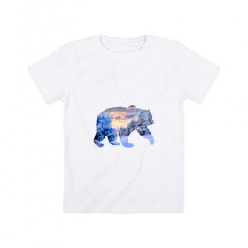 Детская футболка хлопок с принтом медведь зима , 100% хлопок | круглый вырез горловины, полуприлегающий силуэт, длина до линии бедер | деревья | зима | медведь | облака | снег | солнце