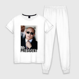 Женская пижама хлопок с принтом Mr.President (2) , 100% хлопок | брюки и футболка прямого кроя, без карманов, на брюках мягкая резинка на поясе и по низу штанин | 