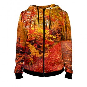 Женская толстовка 3D на молнии с принтом Осень , 100% полиэстер | длина до линии бедра, манжеты и пояс оформлены мягкой тканевой резинкой, двухслойный капюшон со шнурком для регулировки, спереди молния, по бокам два кармана | autumn | bright | colors | forest | paint | trees | деревья | краски | лес | осень | цвета | яркие