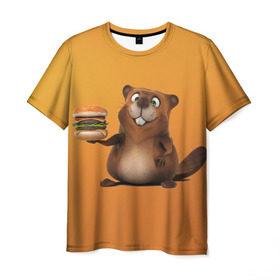 Мужская футболка 3D с принтом Бобренок , 100% полиэфир | прямой крой, круглый вырез горловины, длина до линии бедер | бобер | бобрик | гамбургер | дети. ярко | еда | желтый. весело | креатив | прикол