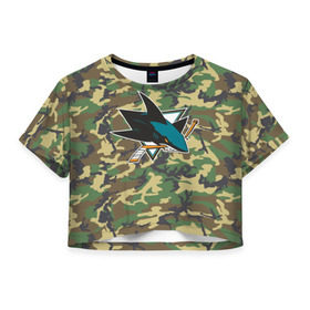 Женская футболка 3D укороченная с принтом Sharks Camouflage , 100% полиэстер | круглая горловина, длина футболки до линии талии, рукава с отворотами | camouflage | hockey | nhl | san jose sharks | нхл | хоккей