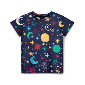 Детская футболка 3D с принтом Звездное небо , 100% гипоаллергенный полиэфир | прямой крой, круглый вырез горловины, длина до линии бедер, чуть спущенное плечо, ткань немного тянется | абстракция | арт | звезды | космос | луна | месяц | небо | планеты