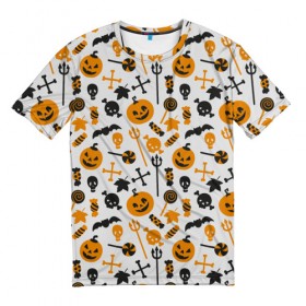 Мужская футболка 3D с принтом Узор Halloween , 100% полиэфир | прямой крой, круглый вырез горловины, длина до линии бедер | halloween | голова | демон | дьявол | конфеты | лицо | муки | ужасы | хэллоуин