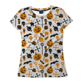 Женская футболка 3D с принтом Узор Halloween , 100% полиэфир ( синтетическое хлопкоподобное полотно) | прямой крой, круглый вырез горловины, длина до линии бедер | halloween | голова | демон | дьявол | конфеты | лицо | муки | ужасы | хэллоуин