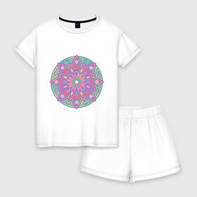 Женская пижама с шортиками хлопок с принтом Мандала , 100% хлопок | футболка прямого кроя, шорты свободные с широкой мягкой резинкой | абстракция | арт | геометрия | лепестки | цвет | цветок