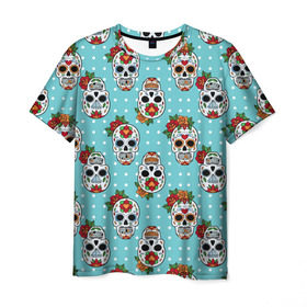 Мужская футболка 3D с принтом Узор Черепа Чикано , 100% полиэфир | прямой крой, круглый вырез горловины, длина до линии бедер | кости | мексика | мозаика | узор | цветы | череп | чикано