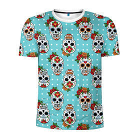 Мужская футболка 3D спортивная с принтом Узор Черепа Чикано , 100% полиэстер с улучшенными характеристиками | приталенный силуэт, круглая горловина, широкие плечи, сужается к линии бедра | кости | мексика | мозаика | узор | цветы | череп | чикано