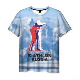 Мужская футболка 3D с принтом Biathlon russia , 100% полиэфир | прямой крой, круглый вырез горловины, длина до линии бедер | биатлон