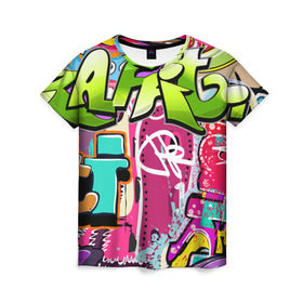 Женская футболка 3D с принтом Граффити , 100% полиэфир ( синтетическое хлопкоподобное полотно) | прямой крой, круглый вырез горловины, длина до линии бедер | балон | граффити | краски | молодежь | рисунок | стена | стиль | улица | уличный образ