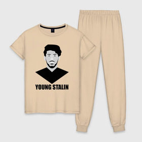 Женская пижама хлопок с принтом Young Stalin , 100% хлопок | брюки и футболка прямого кроя, без карманов, на брюках мягкая резинка на поясе и по низу штанин | молодой | патриот | россия | советский | ссср | сталин