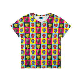 Детская футболка 3D с принтом POP ART , 100% гипоаллергенный полиэфир | прямой крой, круглый вырез горловины, длина до линии бедер, чуть спущенное плечо, ткань немного тянется | Тематика изображения на принте: popart | клубника | поп арт | ягоды